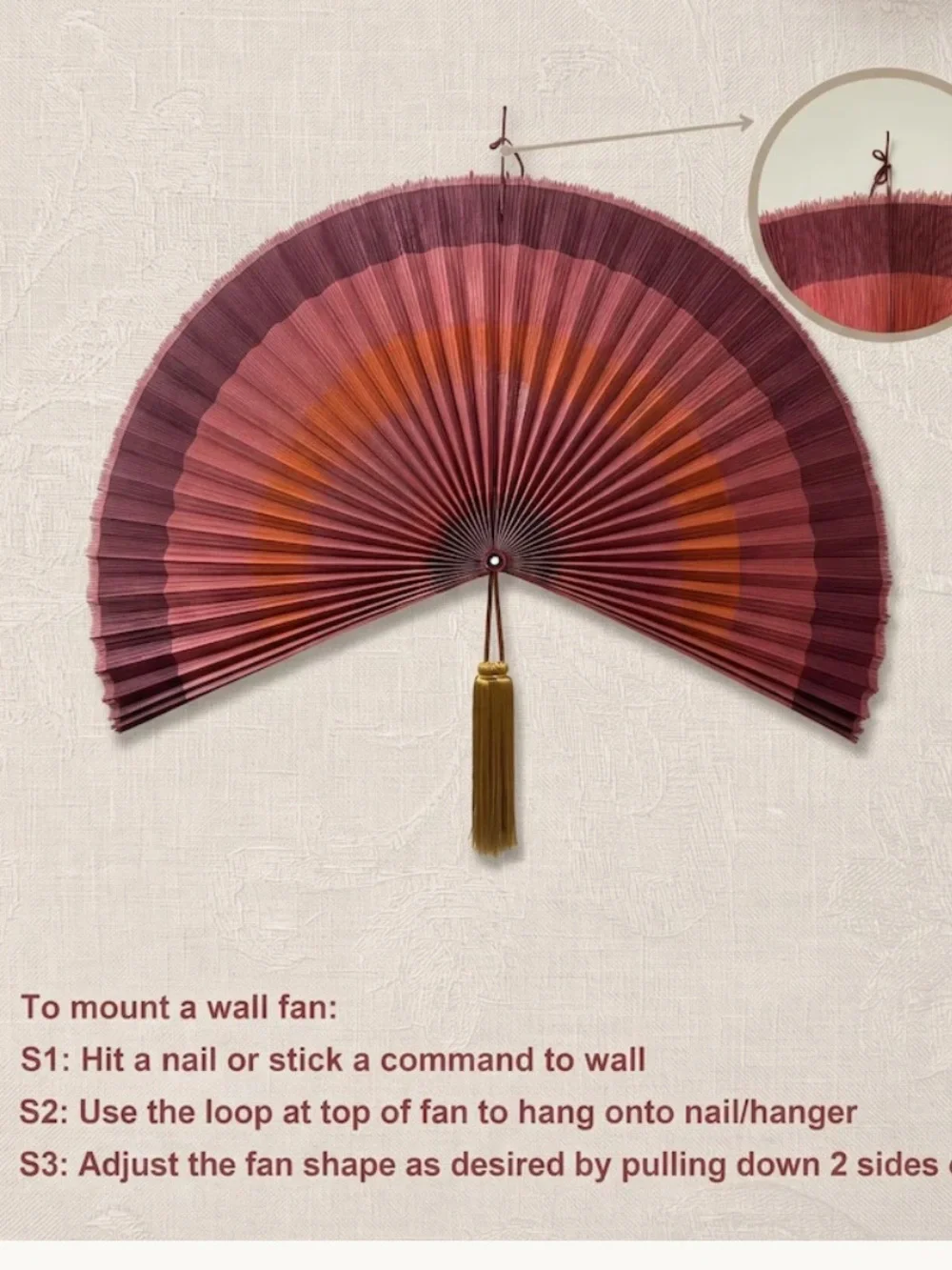 Decorative Red-Pink Wall Fan with Tassel - Elegant Home Accent